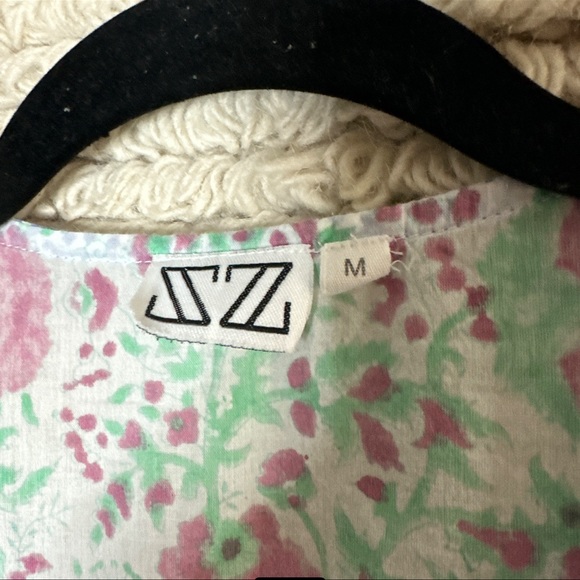 SZ BLOCKPRINTS green / pink floral 3/4 sleeves cotton tunic top M - Picture 6 of 10